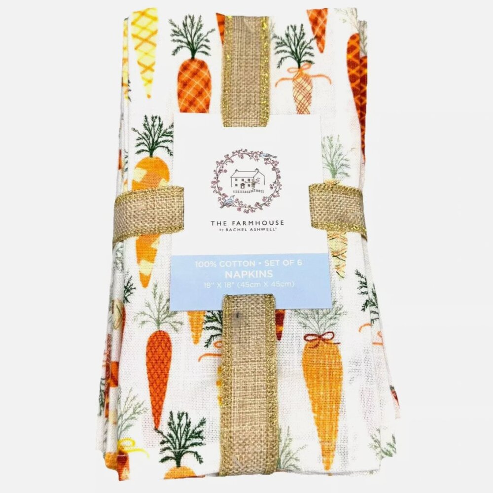 NEW 12 Rachel Ashwell Farmhouse Plaid Carrots Napkin Set Spring Easter Garden